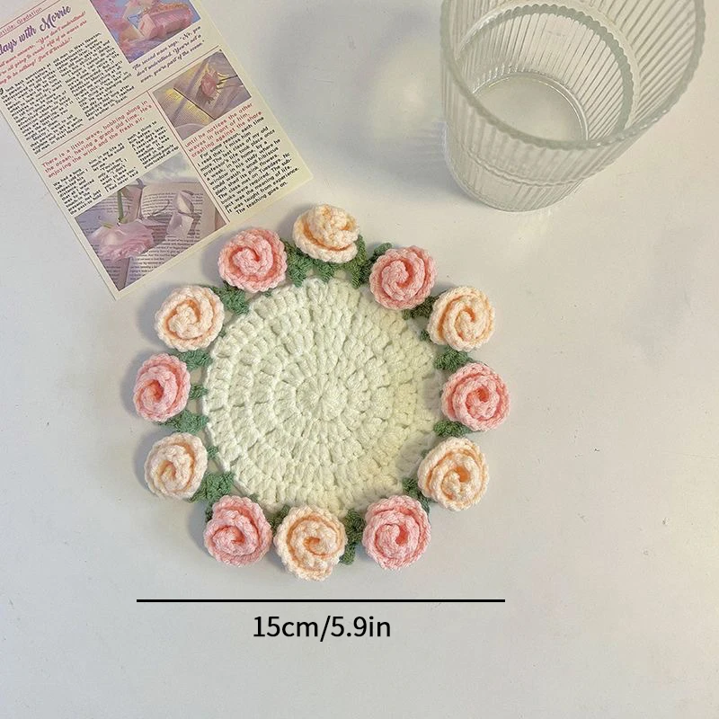 Mini Crochet Rose Coaster Set | Handmade Flower Coasters & Desk Decor - Image 12