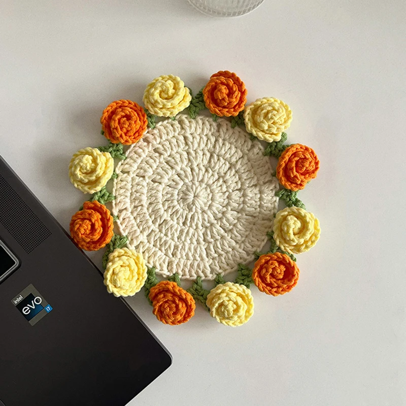 Mini Crochet Rose Coaster Set | Handmade Flower Coasters & Desk Decor - Image 22