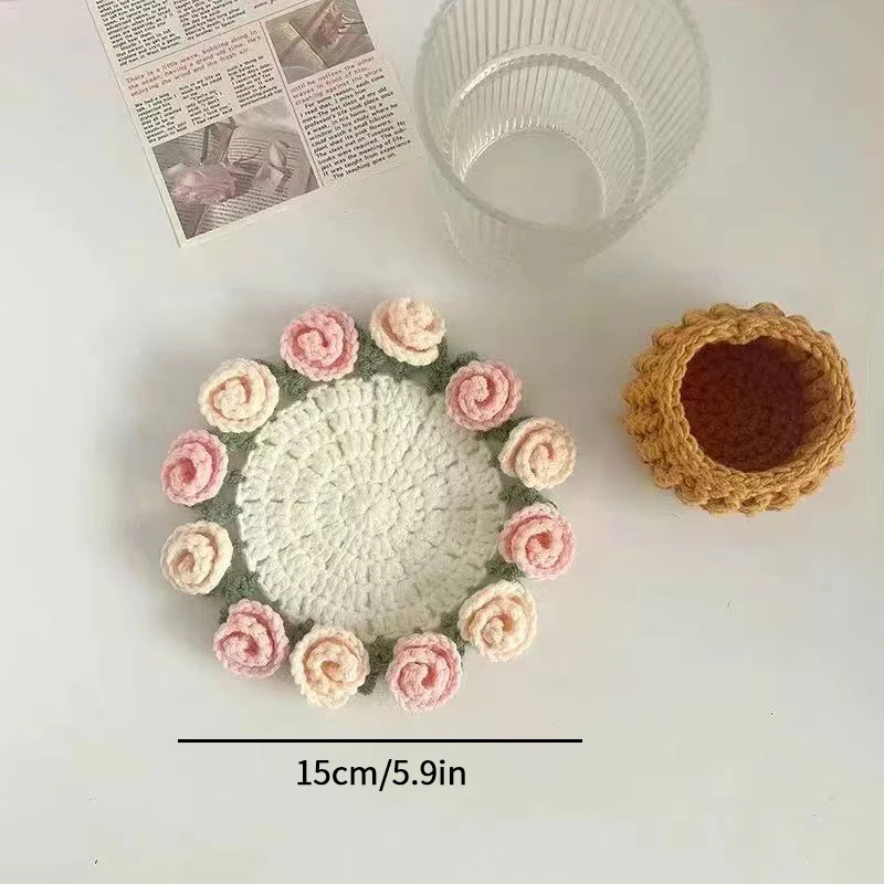 Mini Crochet Rose Coaster Set | Handmade Flower Coasters & Desk Decor - Image 10