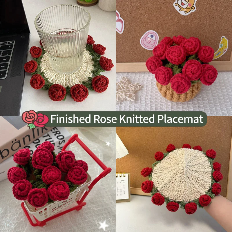 Mini Crochet Rose Coaster Set | Handmade Flower Coasters & Desk Decor - Image 3