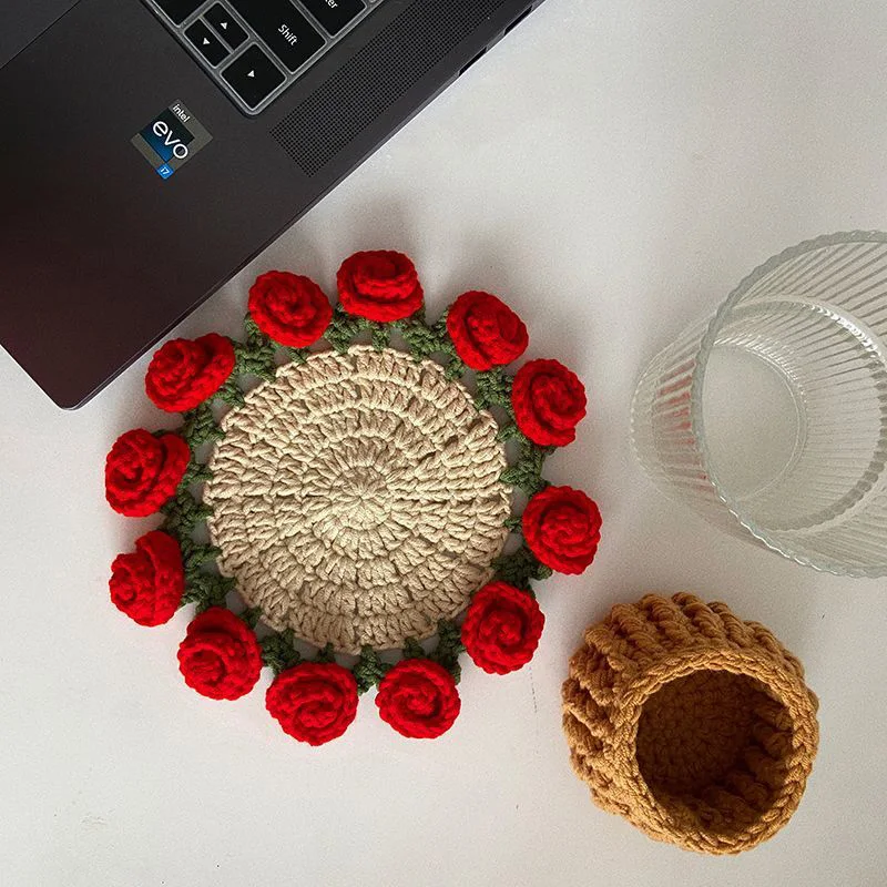 Mini Crochet Rose Coaster Set | Handmade Flower Coasters & Desk Decor - Image 28