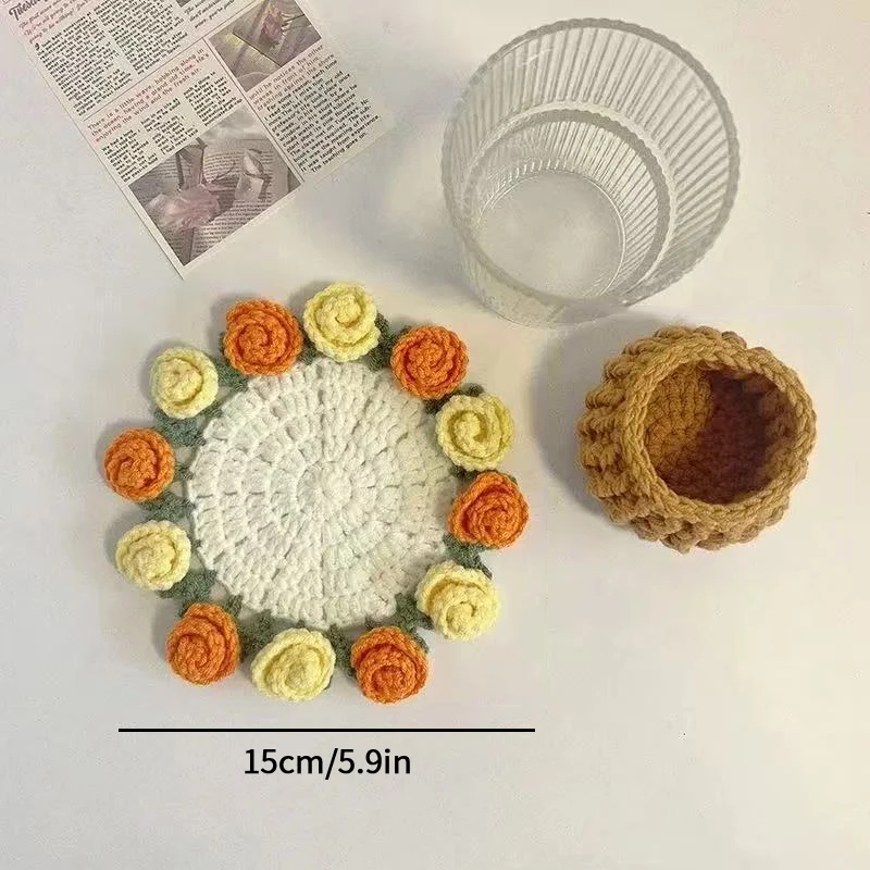 Mini Crochet Rose Coaster Set | Handmade Flower Coasters & Desk Decor - Image 9