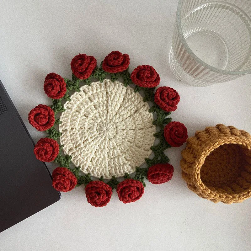 Mini Crochet Rose Coaster Set | Handmade Flower Coasters & Desk Decor - Image 6