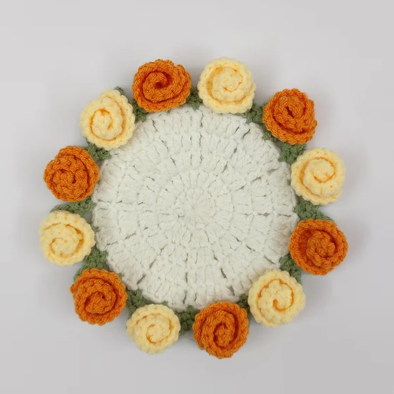 Mini Crochet Rose Coaster Set | Handmade Flower Coasters & Desk Decor - Image 25