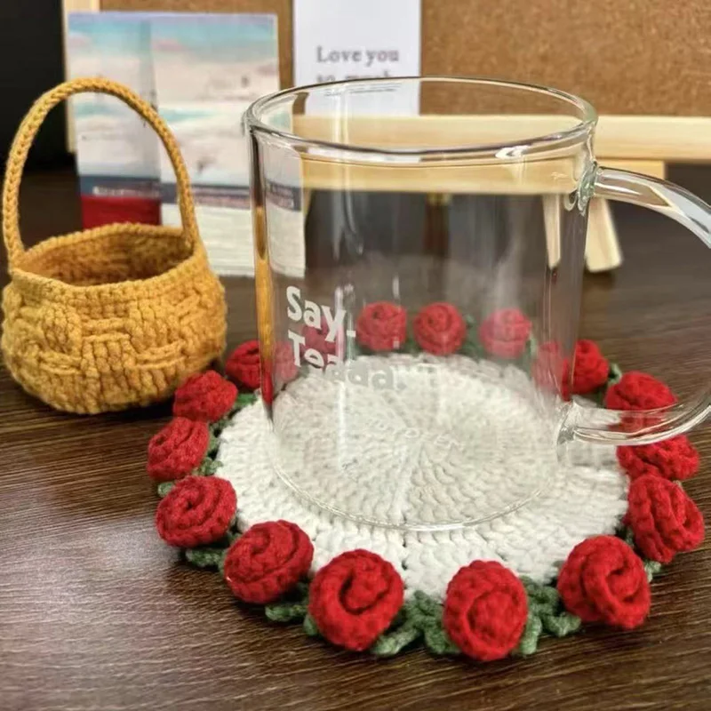 Mini Crochet Rose Coaster Set | Handmade Flower Coasters & Desk Decor - Image 2