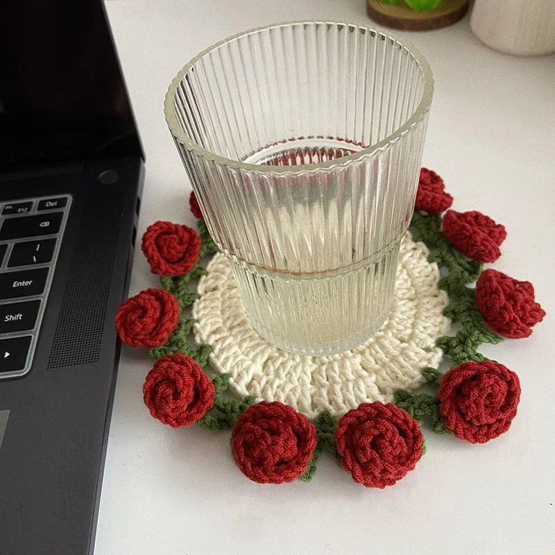 Mini Crochet Rose Coaster Set | Handmade Flower Coasters & Desk Decor - Image 27