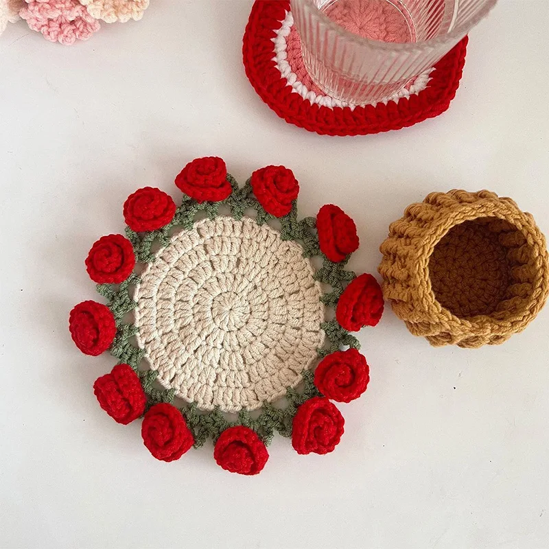 Mini Crochet Rose Coaster Set | Handmade Flower Coasters & Desk Decor - Image 33