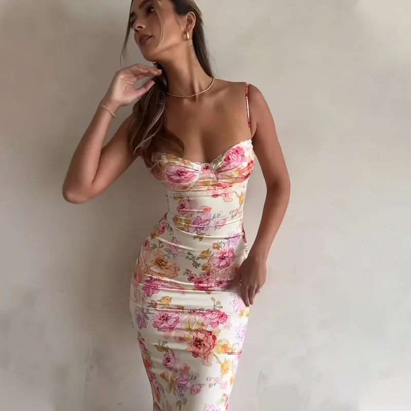 Floral Corset Maxi Dress – Slim Fit Spaghetti Strap Summer Dress - Image 5