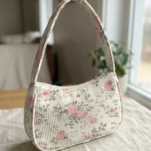 Vintage Floral Shoulder Bag – Pink Rose Corduroy Purse, Cottagecore Underarm Handbag, Cute Y2K Small Tote Bag for Women
