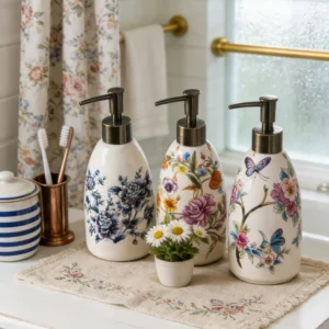 Vintage Floral Ceramic Soap Dispenser – Decorative Refillable Liquid Hand Soap Pump for Bathroom Vanity Kitchen Farmhouse Decor 350ml